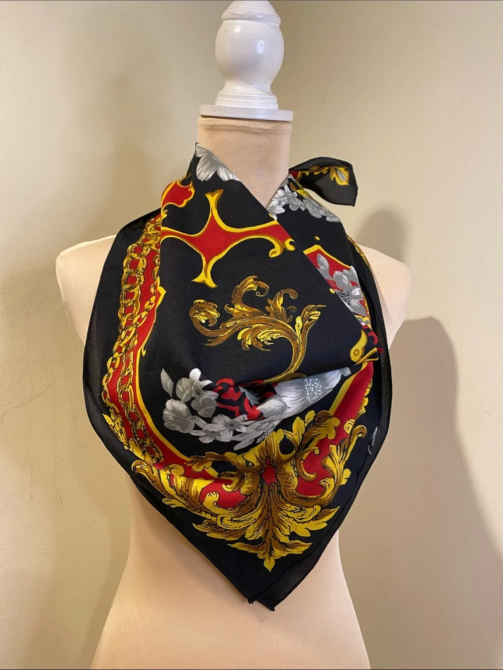Baroque Print Satin Scarf in Black, Red & Gold